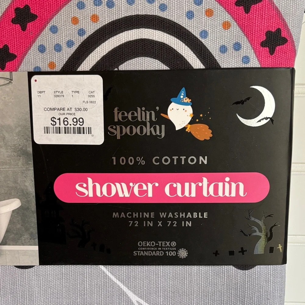 Feelin' Spooky Halloween Cotton Shower Curtain - Gray Pink Orange
